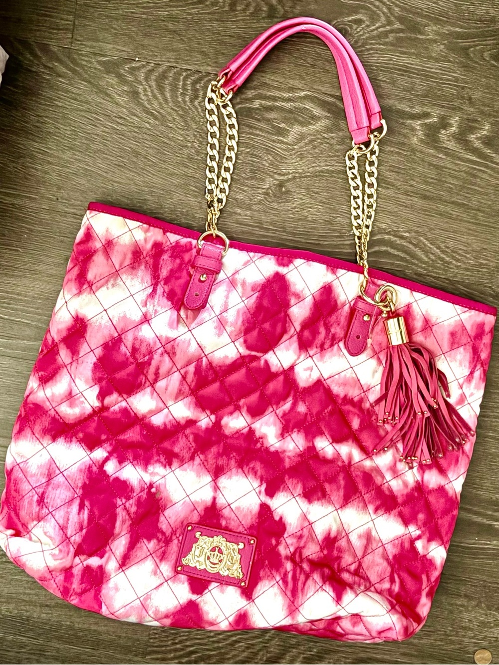 Pink Quilted Tie-Dye Tote Bag with Gold Chain Handles